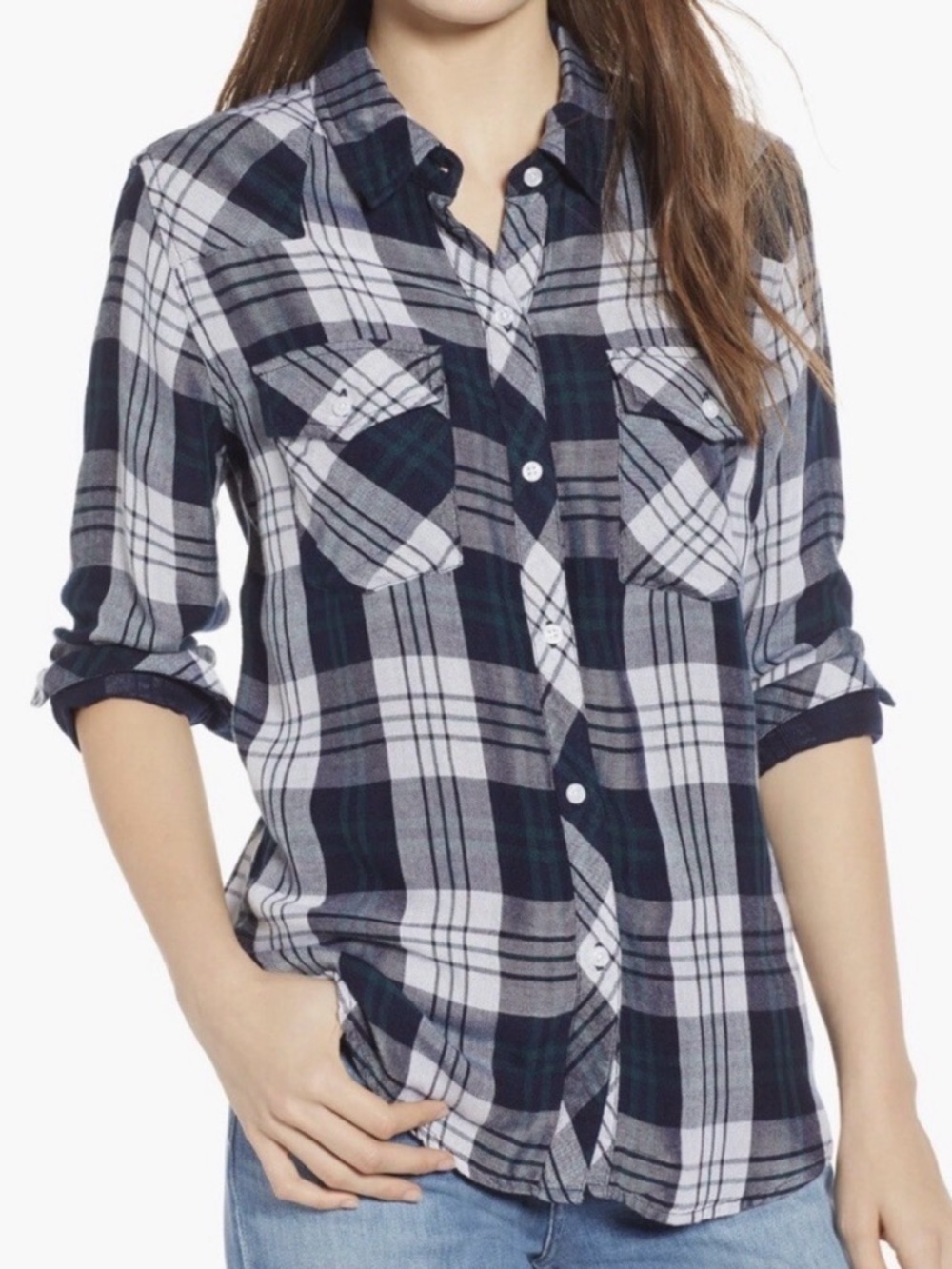Rails Kendra Flannel Button Down White Navy Forest Long Sleeve XS
